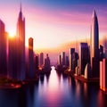 futuristic city with towering skyscapers, set against a vibrant sunset