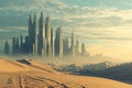 A futuristic city with towering skyscrapers and advanced technology rises amidst the barren landscape of a desert, Arabesque-style