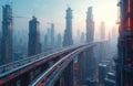Futuristic city with towering skyscrapers, elevated train lines. Advanced urban infrastructure, modern architecture create dense Royalty Free Stock Photo