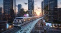 Futuristic City Transportation Elevated Train, Drones, Urban Tech Royalty Free Stock Photo