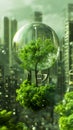 Futuristic city with a tree enclosed in a transparent sphere