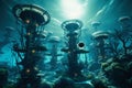 A futuristic city underwater at the bottom of the ocean