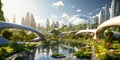 Futuristic city, urban landscape with river, green parks and gardens