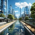 Futuristic city with water street in smooth and shiny style