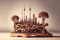 Futuristic city, wooden model, wood carving, intricate details. AI generative art, concept illustration generated by AI