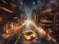 Futuristic city yellow taxi busy streets