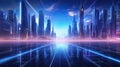Futuristic cityscape with abstract tech integration, smart city concept,
