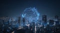 Futuristic Cityscape with Advanced Technology Network Data Visualization Over Urban Skyline at Night Royalty Free Stock Photo