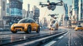Futuristic cityscape with autonomous vehicles and drones navigating through an urban environment, showcasing advanced