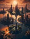Futuristic cityscape bathed in sunset glow, featuring modern architecture, shimmering water reflections, and a tranquil atmosphere