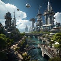 A futuristic cityscape. The beautiful world of the future, the meta-universe, game footage