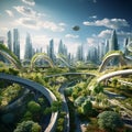 Futuristic Cityscape Blending with Lush Green Landscapes