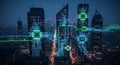 Futuristic Cityscape with Circuit Board Overlay and Data Streams at Night Royalty Free Stock Photo