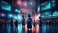 Futuristic cityscape comes alive celebrating artificial intelligence breakthroughs and human robot integration Royalty Free Stock Photo