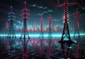 High voltage pylons in futuristic city. 3d illustration, generative ai Royalty Free Stock Photo