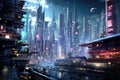 Futuristic cityscape with cyberpunk elements Royalty Free Stock Photo