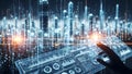 Futuristic cityscape with data visualization on tablet Royalty Free Stock Photo