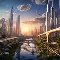 Futuristic Cityscape at Dawn with Shimmering Solar Panels