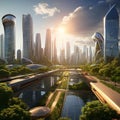 Futuristic Cityscape at Dawn with Shimmering Solar Panels