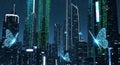 Futuristic Cityscape with Digital Butterflies and Binary Code Rain Royalty Free Stock Photo