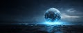 Futuristic cityscape digital globe hologram technology cyberpunk landscape neon light artificial intelligence sci fi sphere night Royalty Free Stock Photo