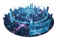 Futuristic cityscape with digital network overlay and data flow in the metropolis Royalty Free Stock Photo