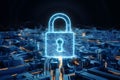 Futuristic cityscape with digital security symbolized by glowing blue structures and padlock Royalty Free Stock Photo