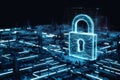 Futuristic cityscape with digital security symbolized by glowing blue structures and padlock Royalty Free Stock Photo