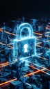 Futuristic cityscape with digital security symbolized by glowing blue structures and padlock Royalty Free Stock Photo