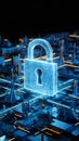 Futuristic cityscape with digital security symbolized by glowing blue structures and padlock Royalty Free Stock Photo