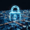 Futuristic cityscape with digital security symbolized by glowing blue structures and padlock Royalty Free Stock Photo