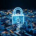 Futuristic cityscape with digital security symbolized by glowing blue structures and padlock Royalty Free Stock Photo