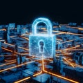 Futuristic cityscape with digital security symbolized by glowing blue structures and padlock Royalty Free Stock Photo