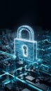 Futuristic cityscape with digital security symbolized by glowing blue structures and padlock Royalty Free Stock Photo