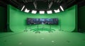 Futuristic Cityscape Displayed on Curved Screen in Professional Green Screen Studio with Lighting Rig Royalty Free Stock Photo