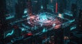 A futuristic cityscape displays digital interfaces and data streams, showcasing cyber security Royalty Free Stock Photo