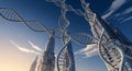 Futuristic Cityscape with DNA Structures, Genetic Engineering, Biotechnology Concept Royalty Free Stock Photo