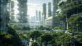 A futuristic cityscape dominated by sleek highrise buildings made entirely of glass and vegetation. The city is powered