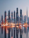 Futuristic cityscape at dusk with illuminated skyscrapers and dynamic digital data visualizations reflecting on calm water surface Royalty Free Stock Photo