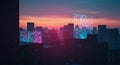 futuristic cityscape at dusk with interconnected network displays - generated using ai