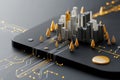 A futuristic cityscape embedded in a smartphone showcasing technology and urban life integration with digital circuitry