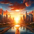 Futuristic Cityscape Embraced by Sunburst and Integrated Solar Panels