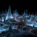 A Futuristic Cityscape: An Enigmatic Network of Data Waves and Digital Landscapes Illuminated by a Neon Glow Royalty Free Stock Photo