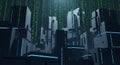 Futuristic Cityscape with Falling Binary Code Data Stream Matrix Background Royalty Free Stock Photo