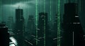 Futuristic Cityscape with Falling Binary Code Rain in Green Tones Royalty Free Stock Photo