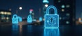 Futuristic cityscape features pulsating blueglow padlocks in a hightech virtual office setting