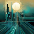 Abstract City Scene With Futurist Elements In Dark Gold And Dark Cyan