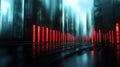 A futuristic cityscape featuring glowing red bars against a dark, misty background Royalty Free Stock Photo
