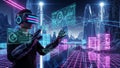 Futuristic cyberpunk cityscape with person using virtual reality headset Royalty Free Stock Photo