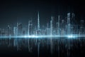 futuristic cityscape featuring smart technology grid, illuminated skyscrapers, and reflective surface. scene conveys sense of Royalty Free Stock Photo